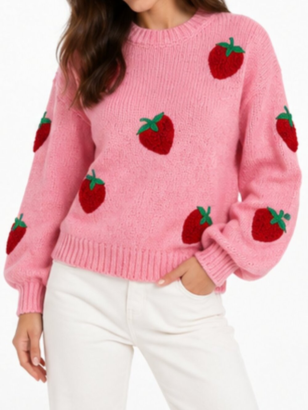 (First Week Sale) Fuzzy Strawberry Patches Pink Sweater